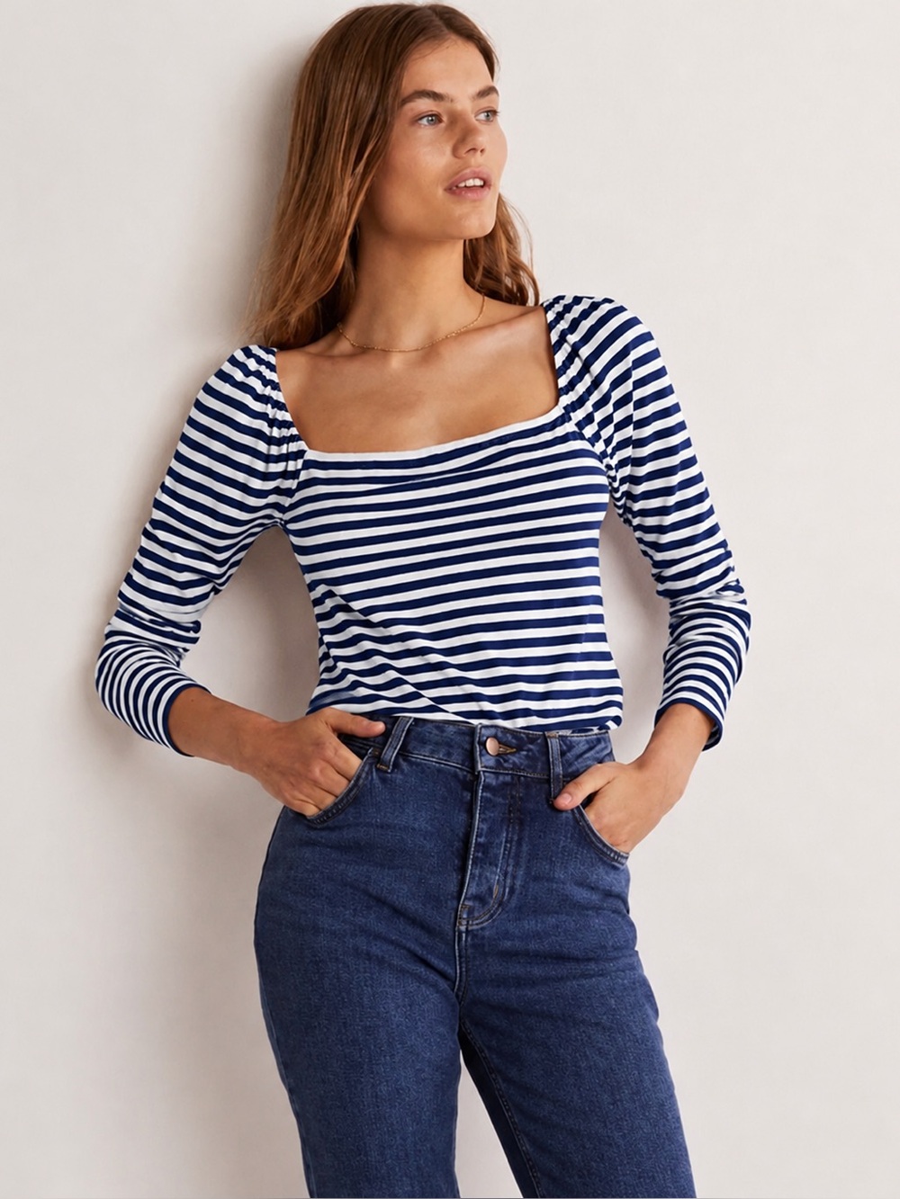 Boden Navy Blue & White Striped Square Neck Top | US 6 / UK 10